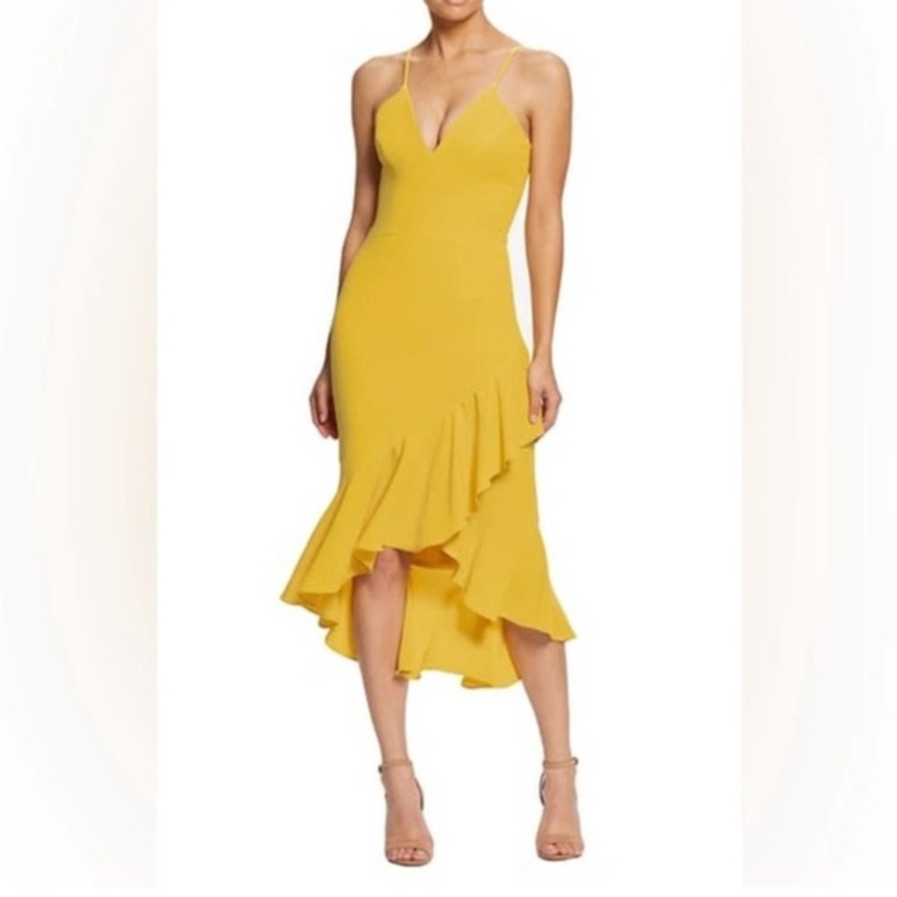 Dress the population XXS Wendy dress canary midi ruffle high low hem event dress